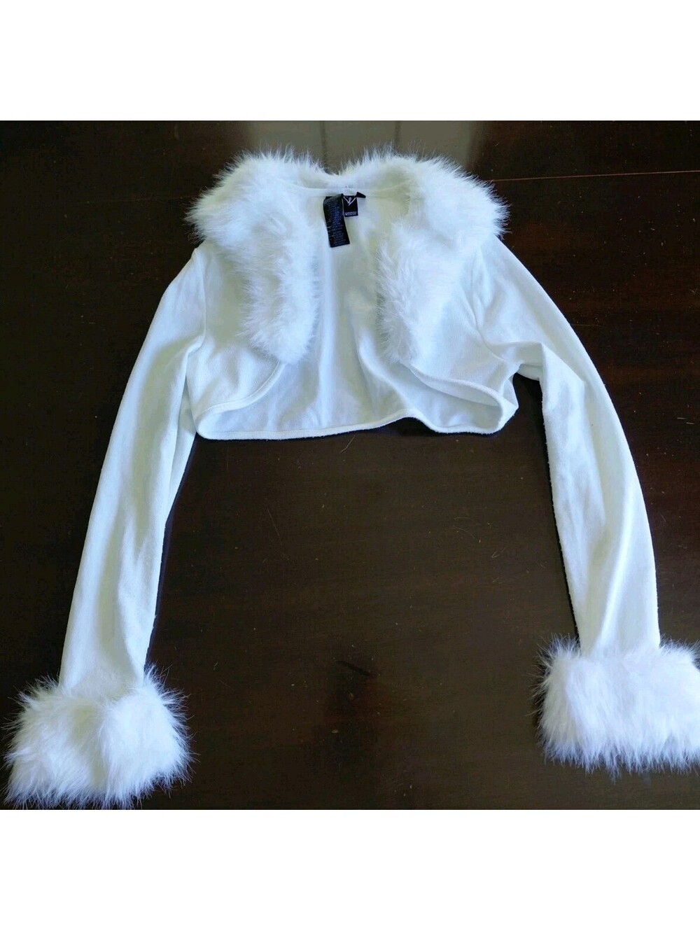 Womens Shrug XL White Faux Fur Long Sleeves Stretch